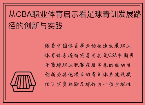 从CBA职业体育启示看足球青训发展路径的创新与实践