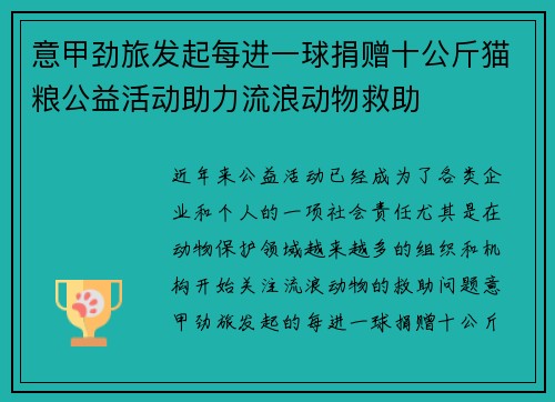 意甲劲旅发起每进一球捐赠十公斤猫粮公益活动助力流浪动物救助